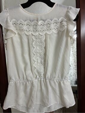 New York & Company Cream Lace-Trim Flutter Sleeve Blouse